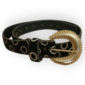 Black Velvet Gold Metalic Goldtone Bead Trim & Yellow Goldtone Buckle Belt M/L